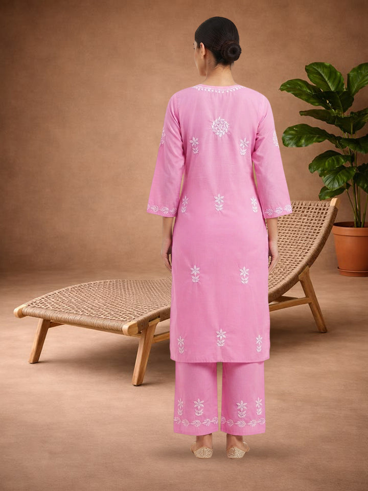 Women Hand Embroidered Chikankari Cotton Kurta Set PC4135KS Pink