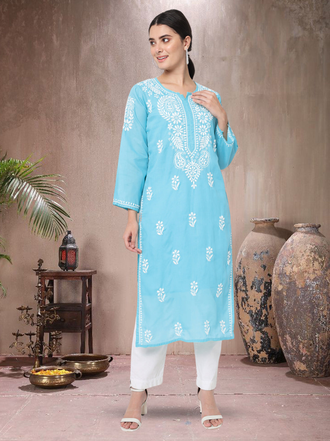 Hand Embroidered Chikankari Cotton Straight Kurta- PC3561