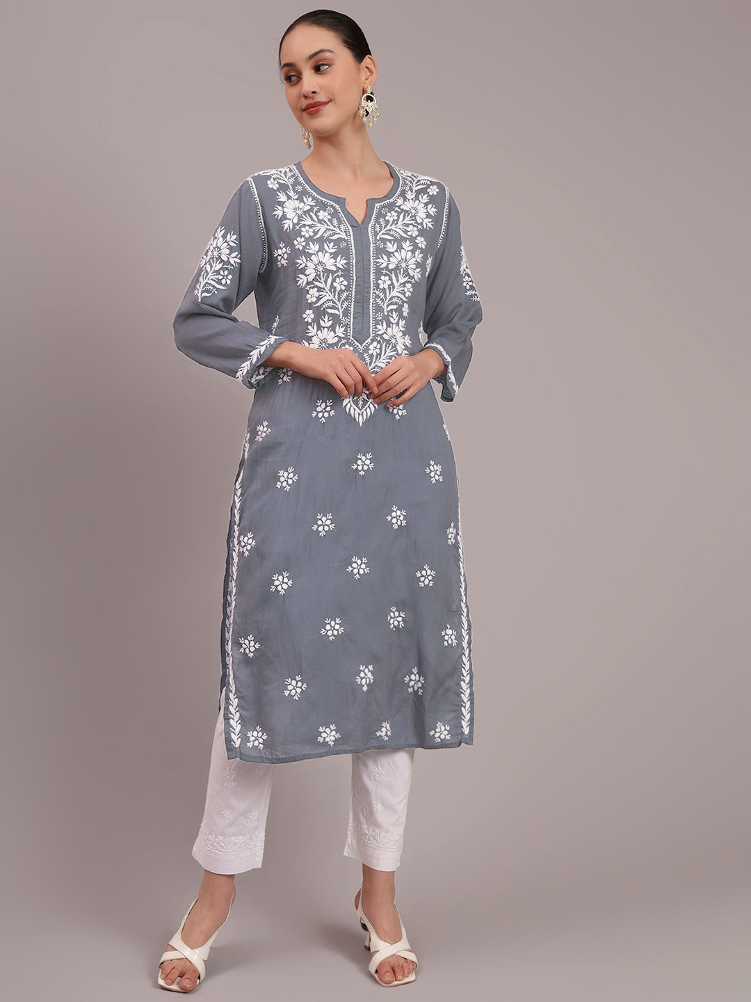Hand Embroidered Chikankari Modal Straight Kurta- PC4059 Grey