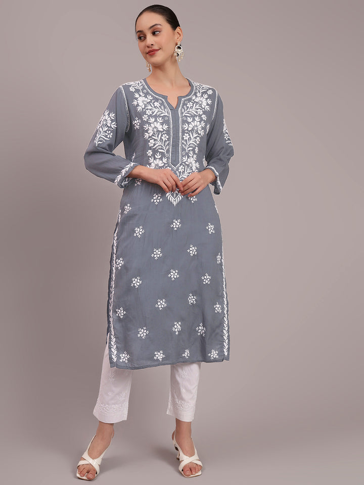 Hand Embroidered Chikankari Modal Straight Kurta- PC4059 Grey