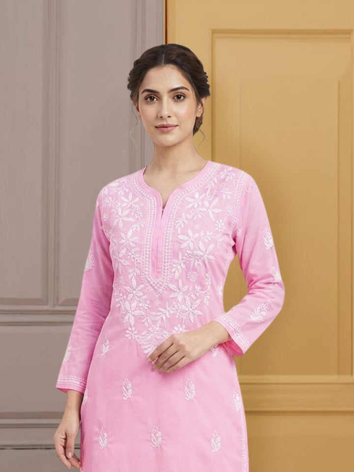 Hand Embroidered Chikankari Cotton Straight Kurta- PC3372 Pink