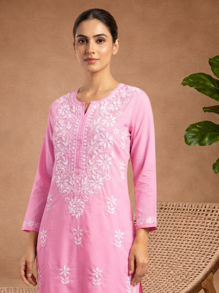 Women Hand Embroidered Chikankari Cotton Kurta Set PC4135KS Pink