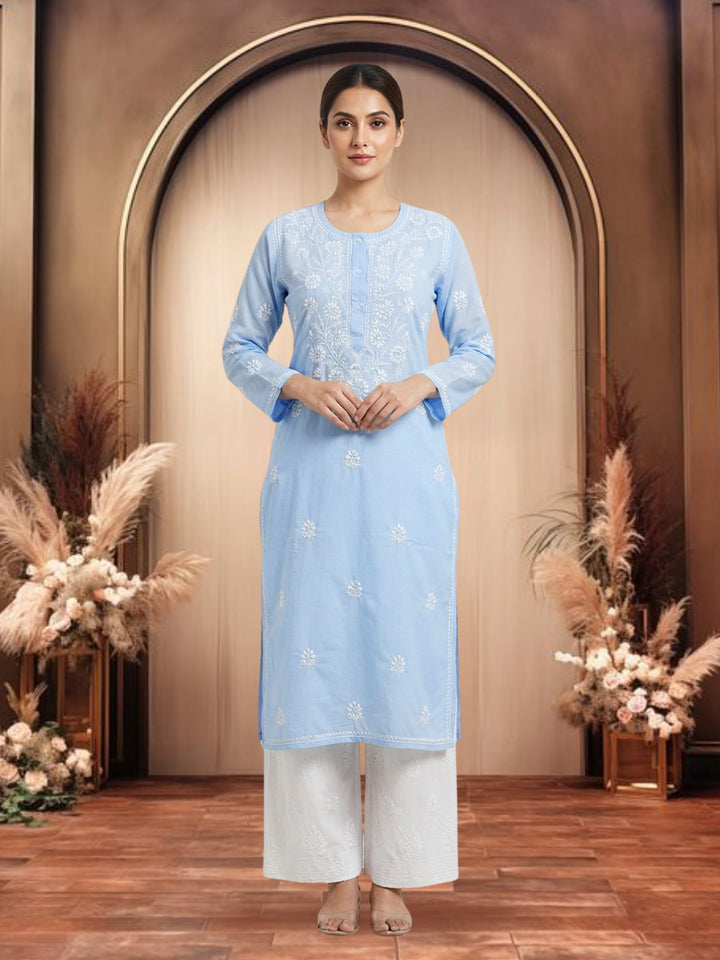 Hand Embroidered Chikankari Straight Floral Cotton Kurta-NTV115 Denimblue