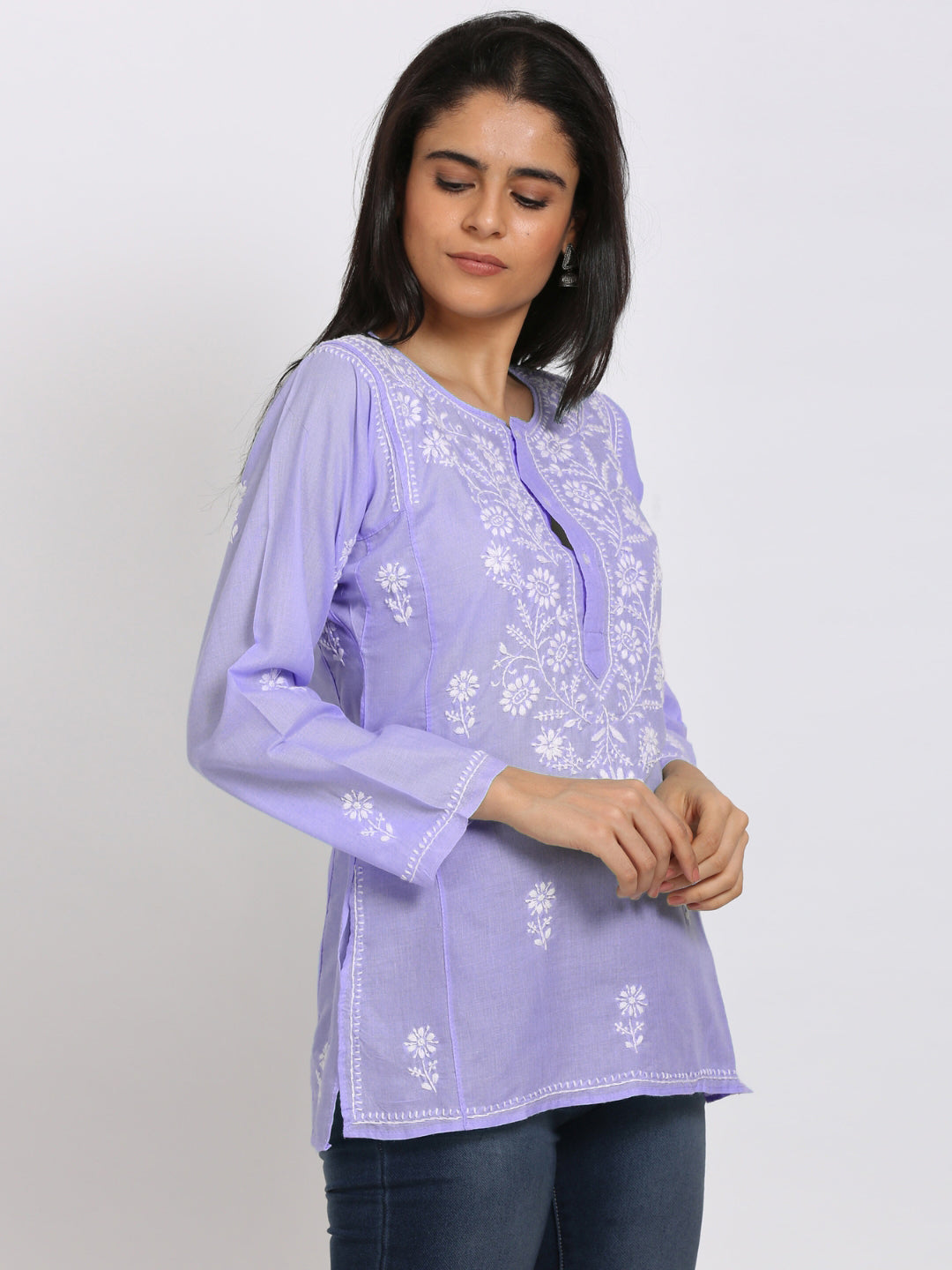 Women Hand Embroidered Chikankari Cotton Kurti-STV115 Mauve
