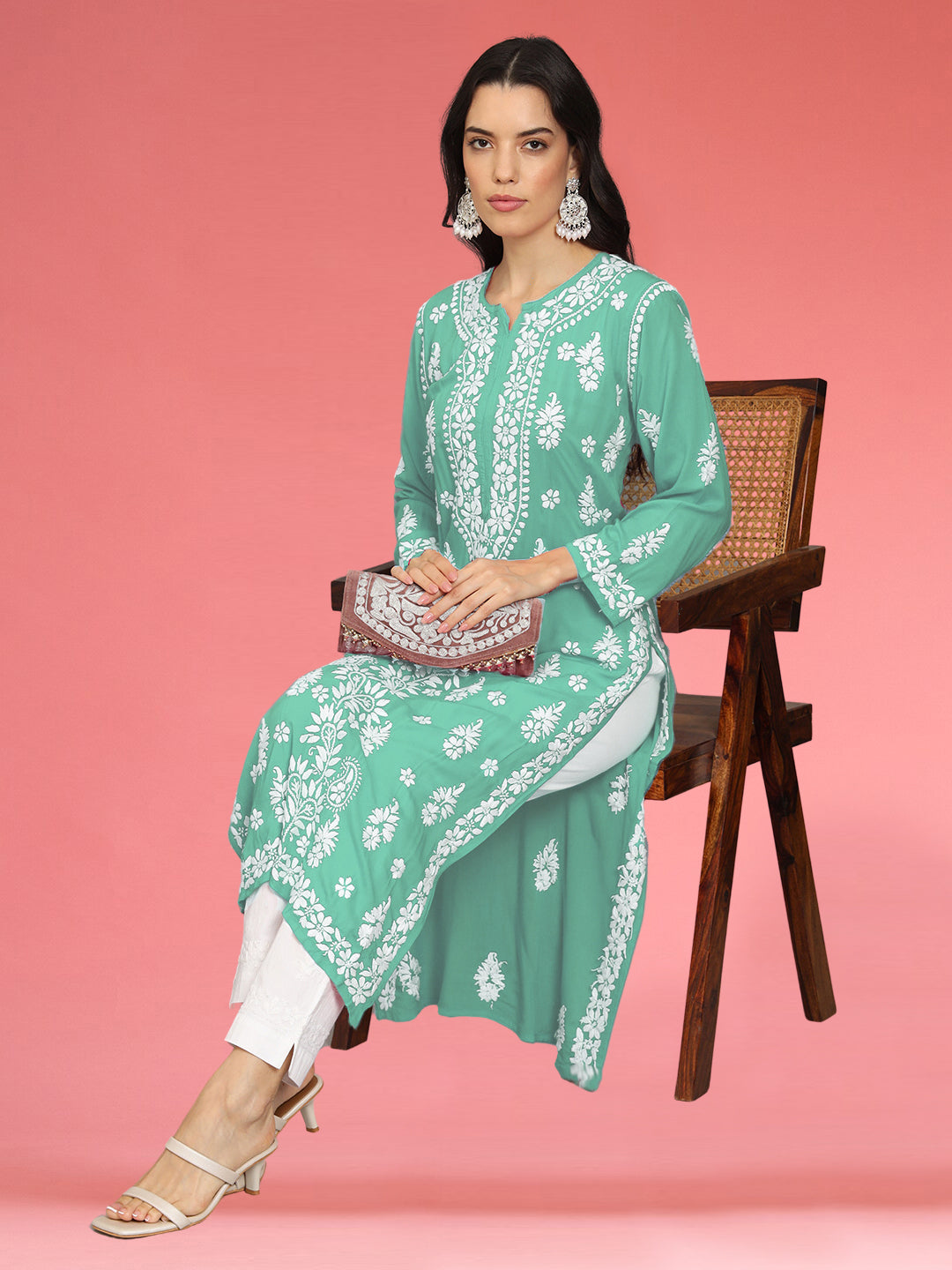 Hand Embroidered Chikankari Modal Straight Kurta- PC4042 Seagreen