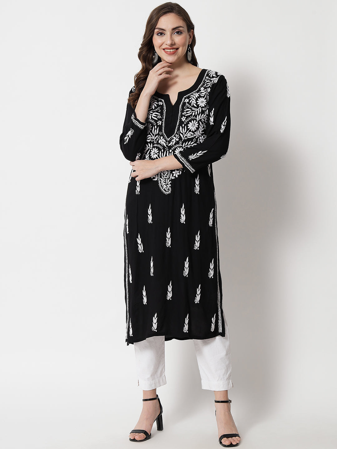 Hand Embroidered White Chikankari Rayon straight Kurta-PC3451