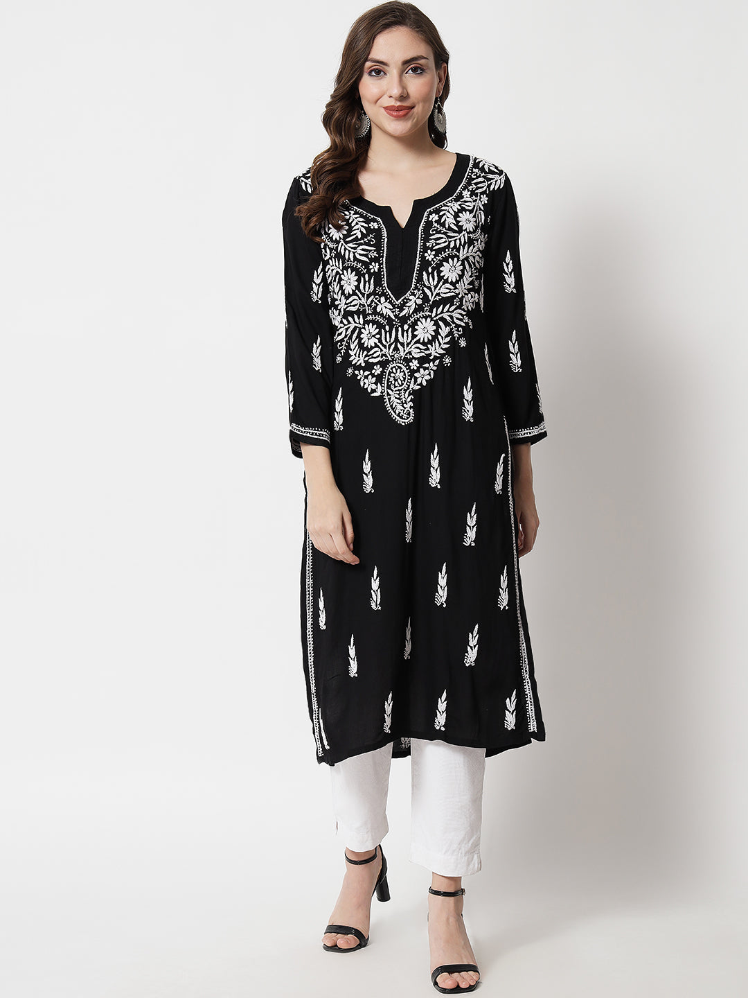 Hand Embroidered White Chikankari Rayon straight Kurta-PC3451