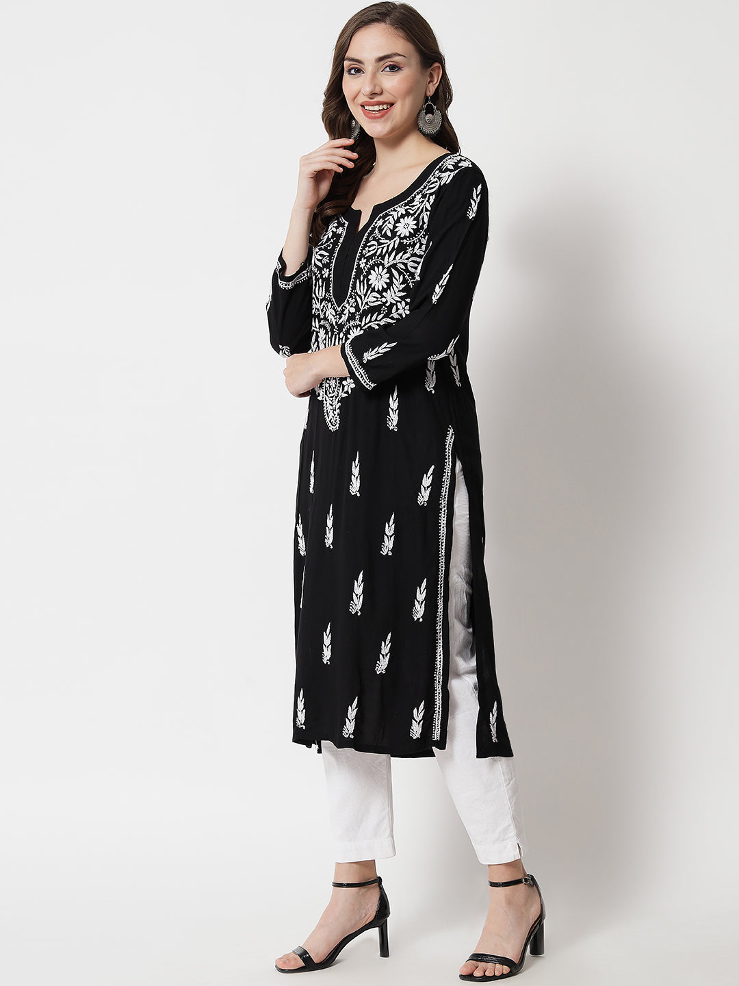 Hand Embroidered White Chikankari Rayon straight Kurta-PC3451