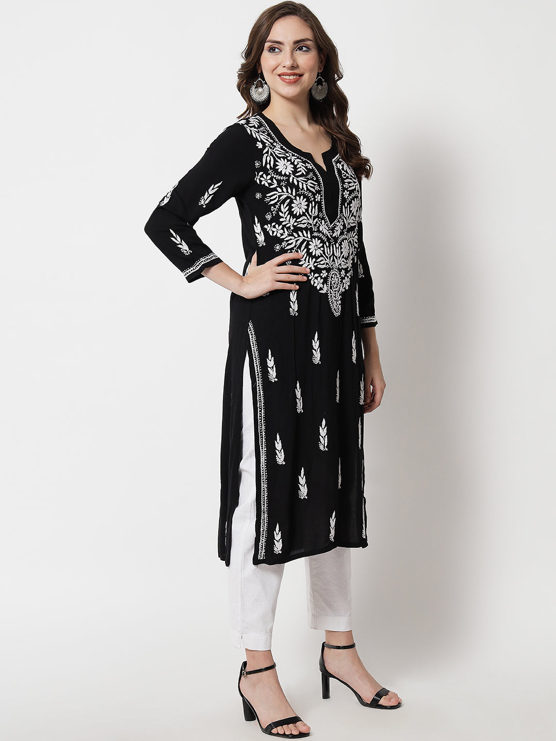 Hand Embroidered White Chikankari Rayon straight Kurta-PC3451