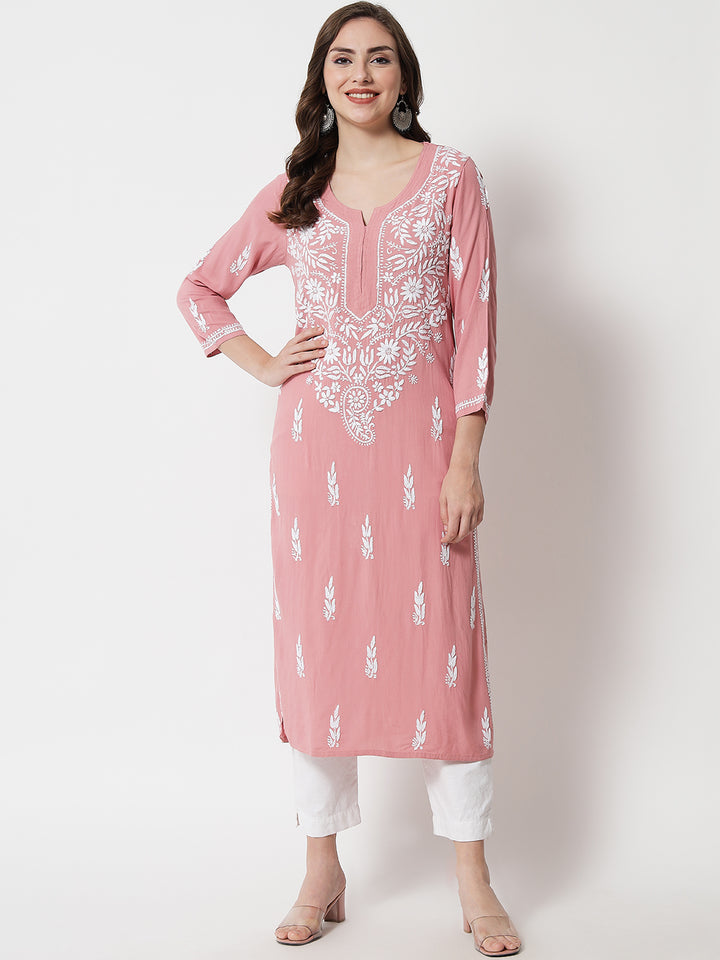 Hand Embroidered White Chikankari Rayon straight Kurta-PC3451