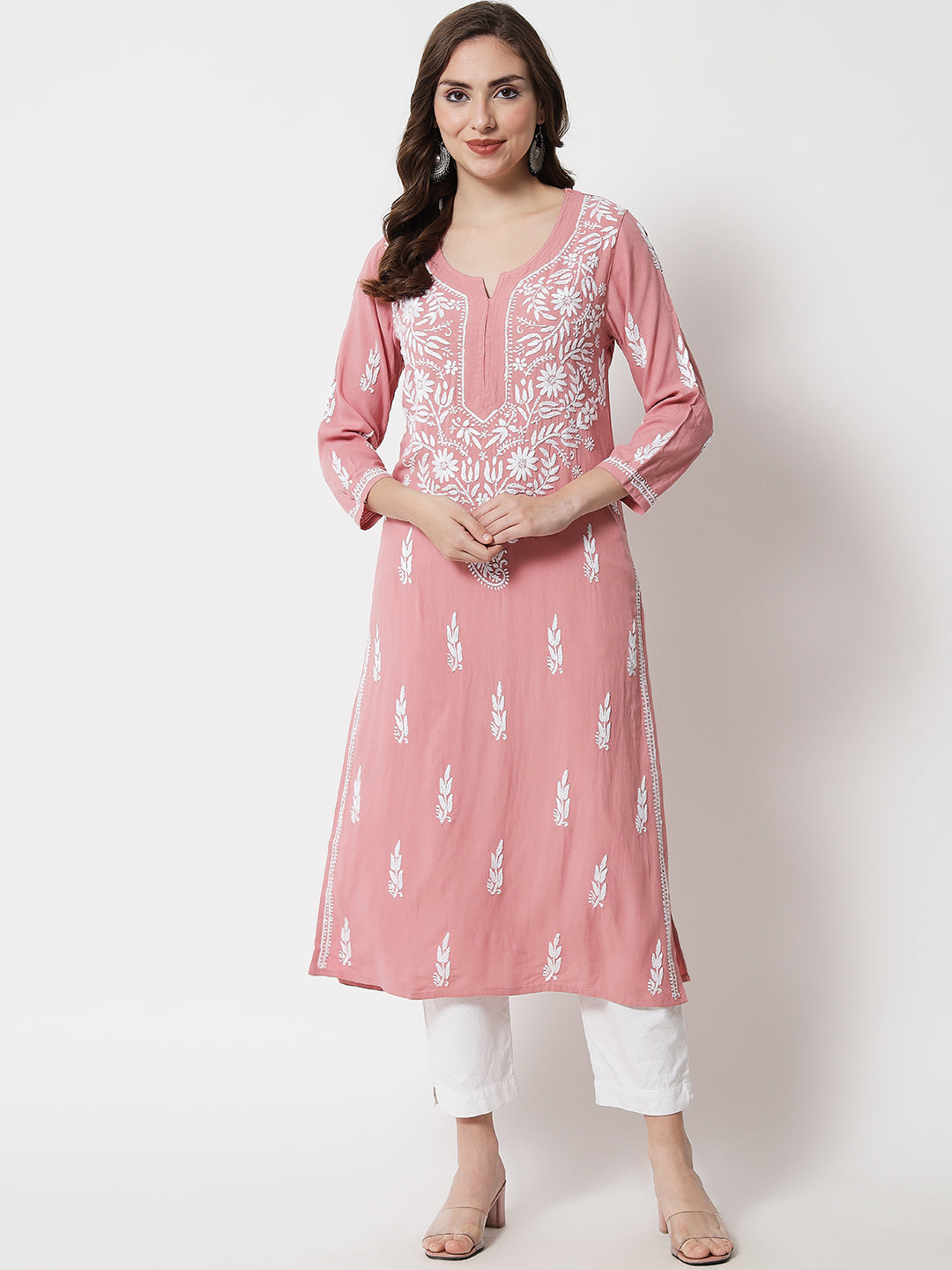 Hand Embroidered White Chikankari Rayon straight Kurta-PC3451