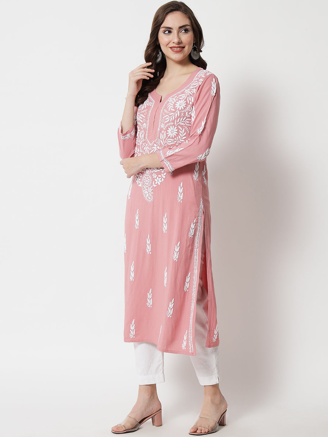 Hand Embroidered White Chikankari Rayon straight Kurta-PC3451