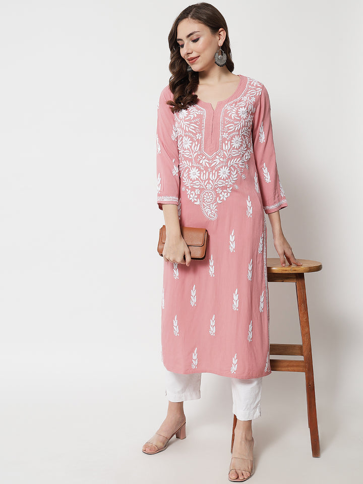 Hand Embroidered White Chikankari Rayon straight Kurta-PC3451