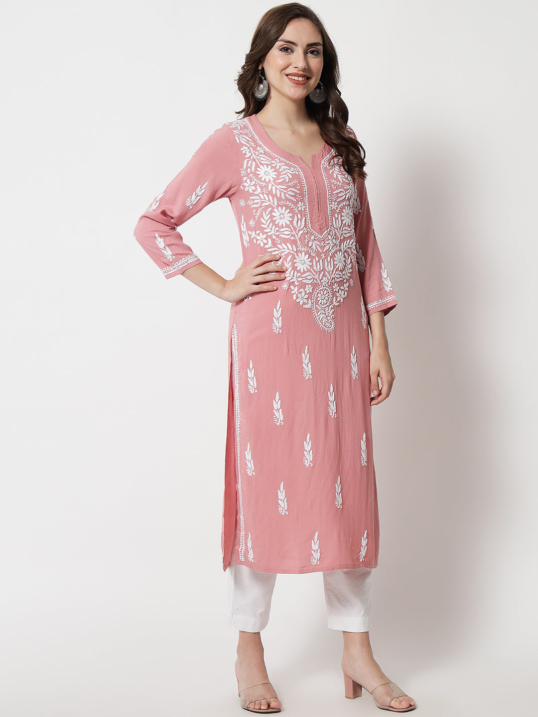 Hand Embroidered White Chikankari Rayon straight Kurta-PC3451