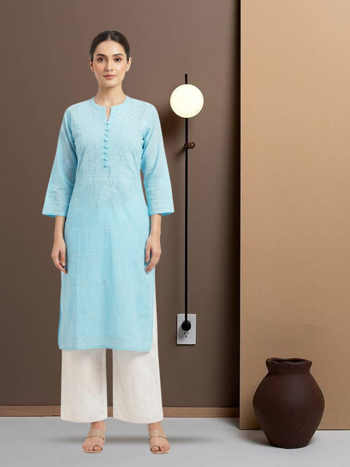Hand Embroidered Chikankari Cotton Straight Kurta- PC3579 Turquoise