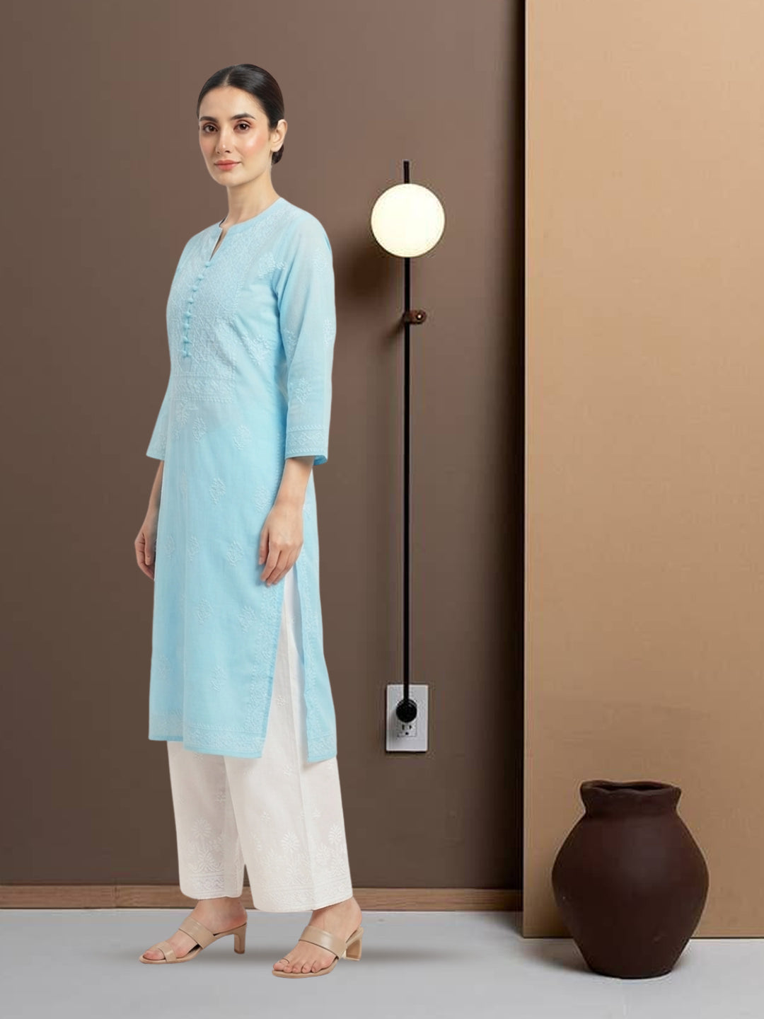 Hand Embroidered Chikankari Cotton Straight Kurta- PC3579 Turquoise