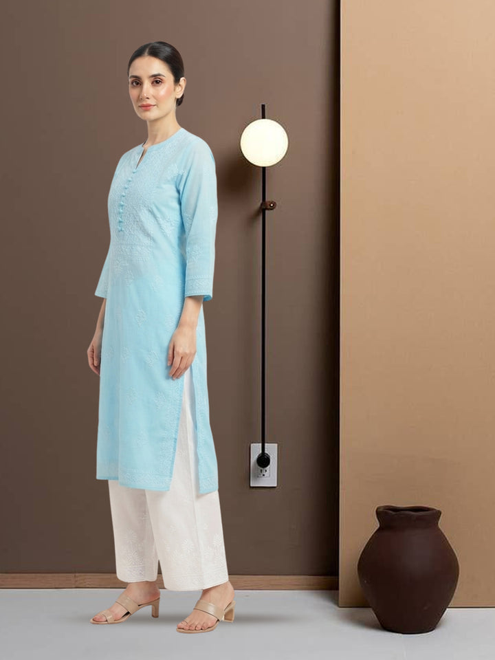 Hand Embroidered Chikankari Cotton Straight Kurta- PC3579 Turquoise