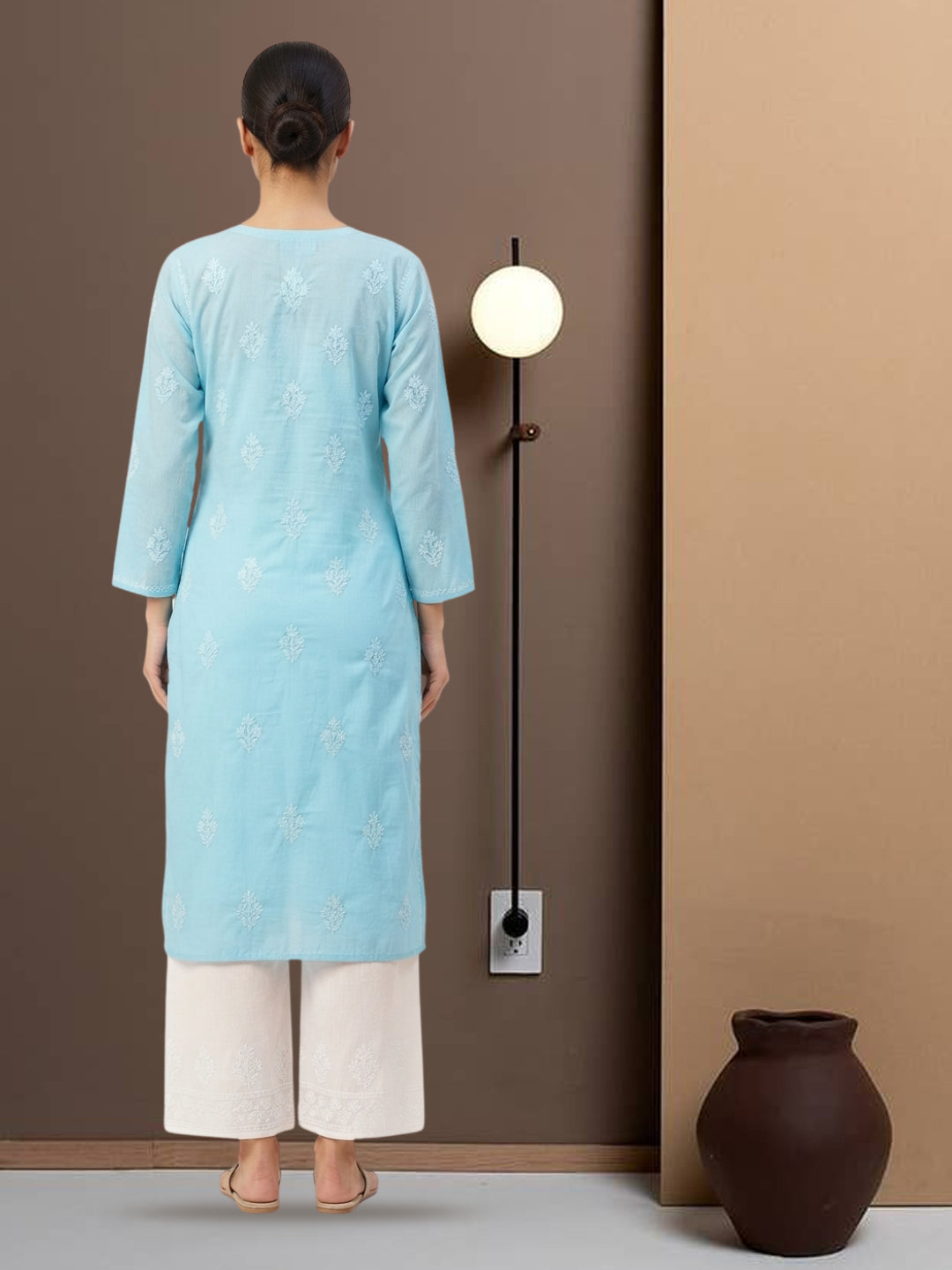 Hand Embroidered Chikankari Cotton Straight Kurta- PC3579 Turquoise