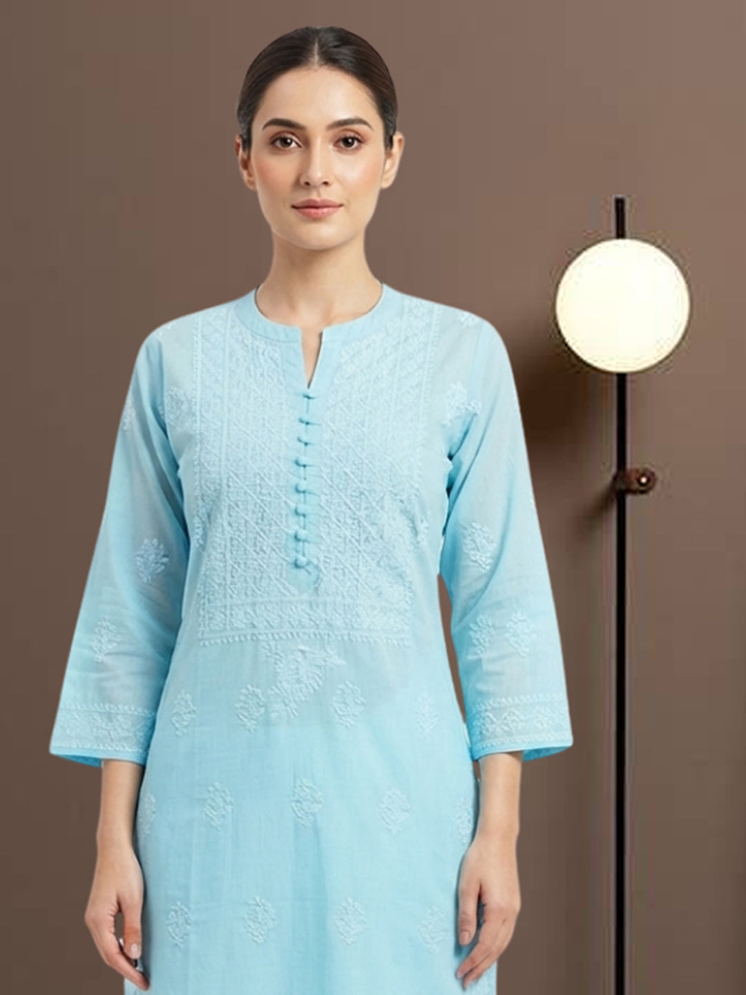 Hand Embroidered Chikankari Cotton Straight Kurta- PC3579 Turquoise