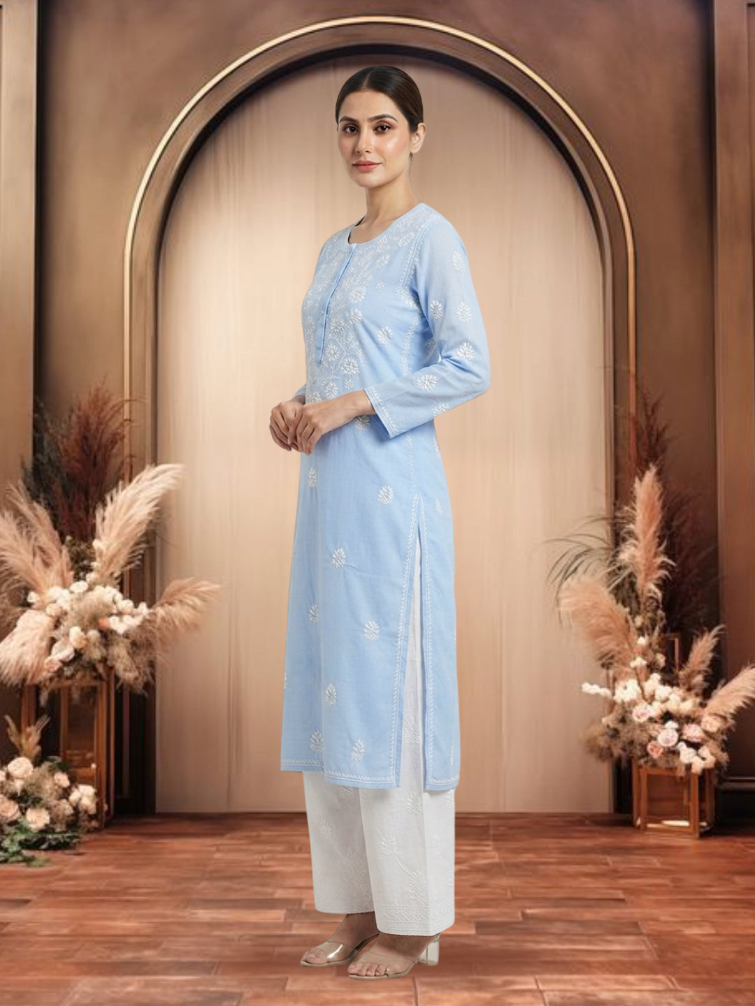 Hand Embroidered Chikankari Straight Floral Cotton Kurta-NTV115 Denimblue
