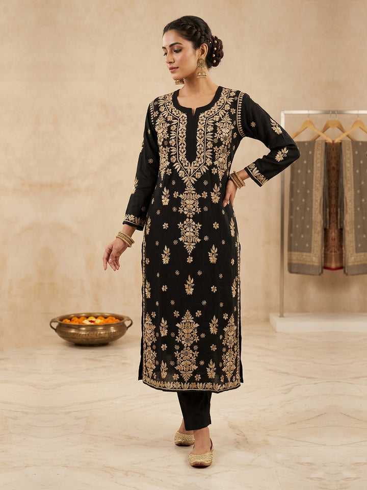 Hand Embroidered Chikankari Modal Straight Kurta PC4113 Beige