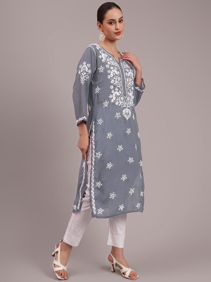 Hand Embroidered Chikankari Modal Straight Kurta- PC4059 Grey