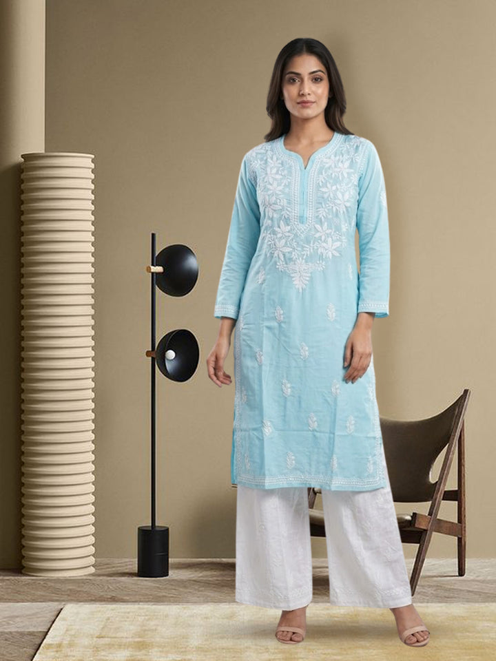 Hand Embroidered Chikankari Cotton Straight Kurta- PC3372 Skyblue