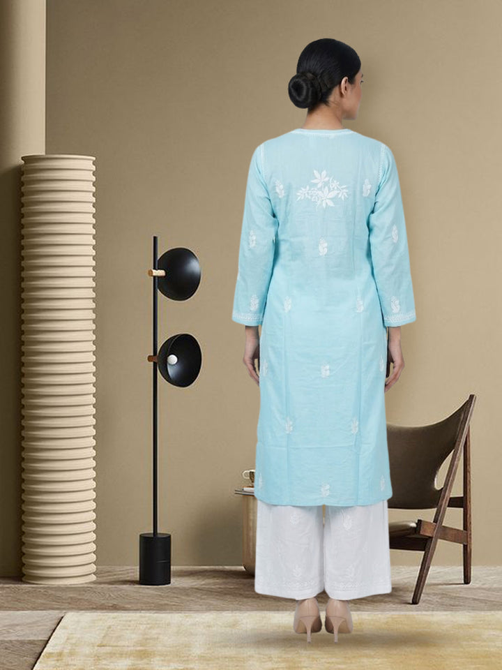 Hand Embroidered Chikankari Cotton Straight Kurta- PC3372 Skyblue