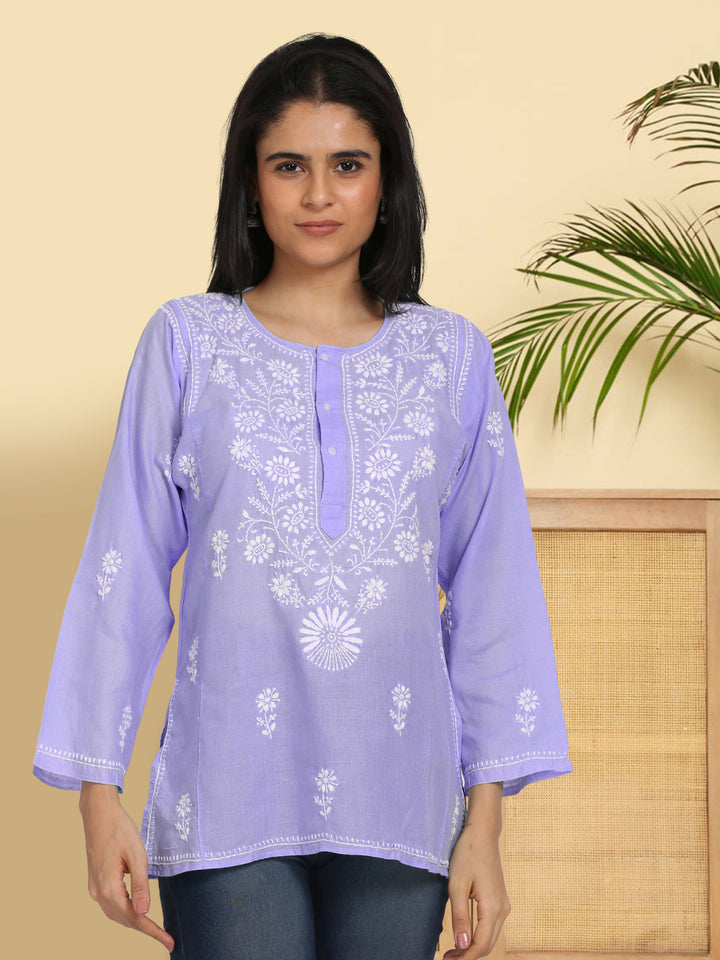 Women Hand Embroidered Chikankari Cotton Kurti-STV115 Mauve
