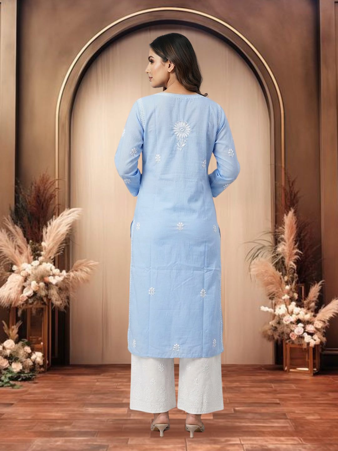 Hand Embroidered Chikankari Straight Floral Cotton Kurta-NTV115 Denimblue