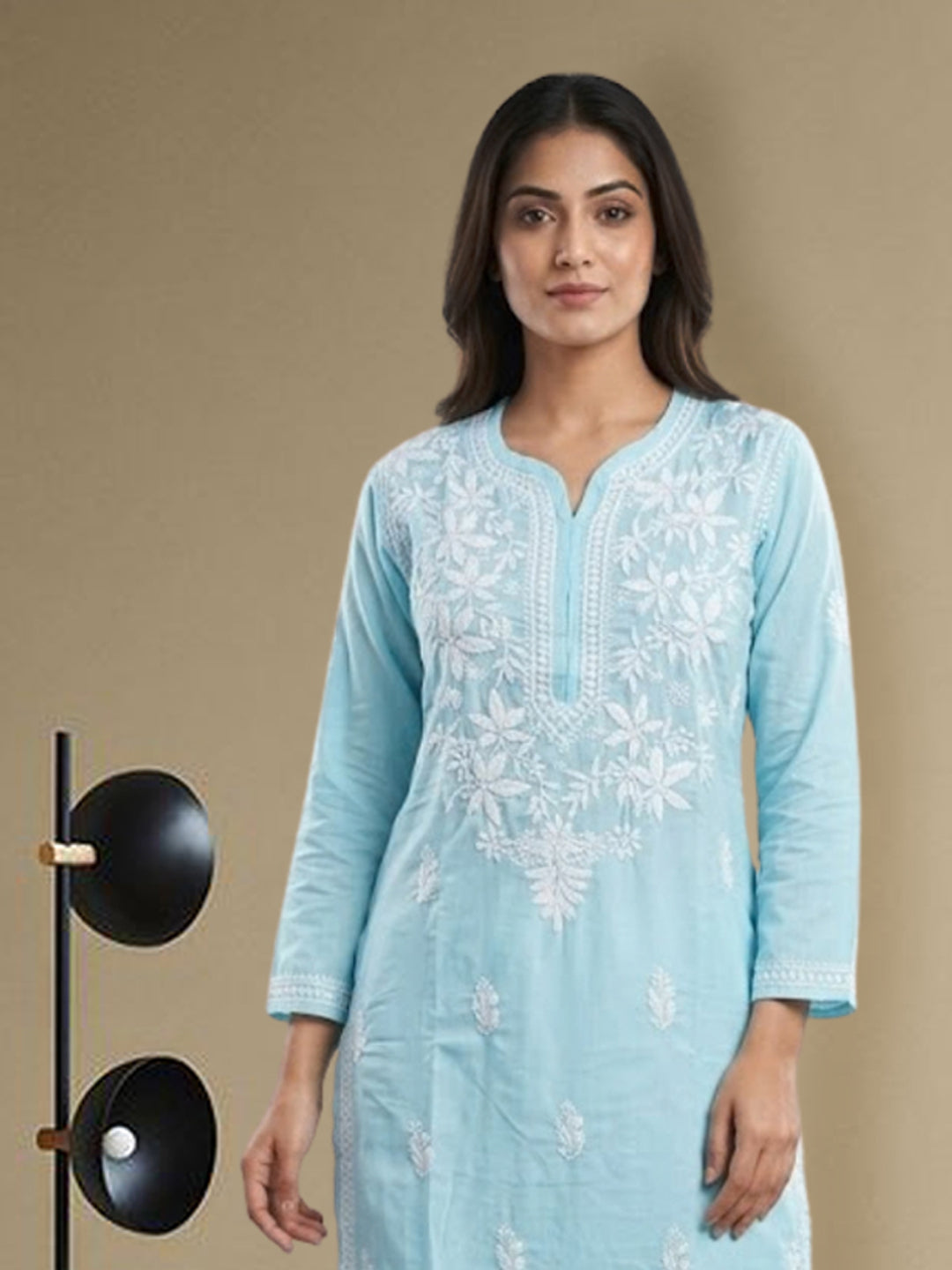 Hand Embroidered Chikankari Cotton Straight Kurta- PC3372 Skyblue