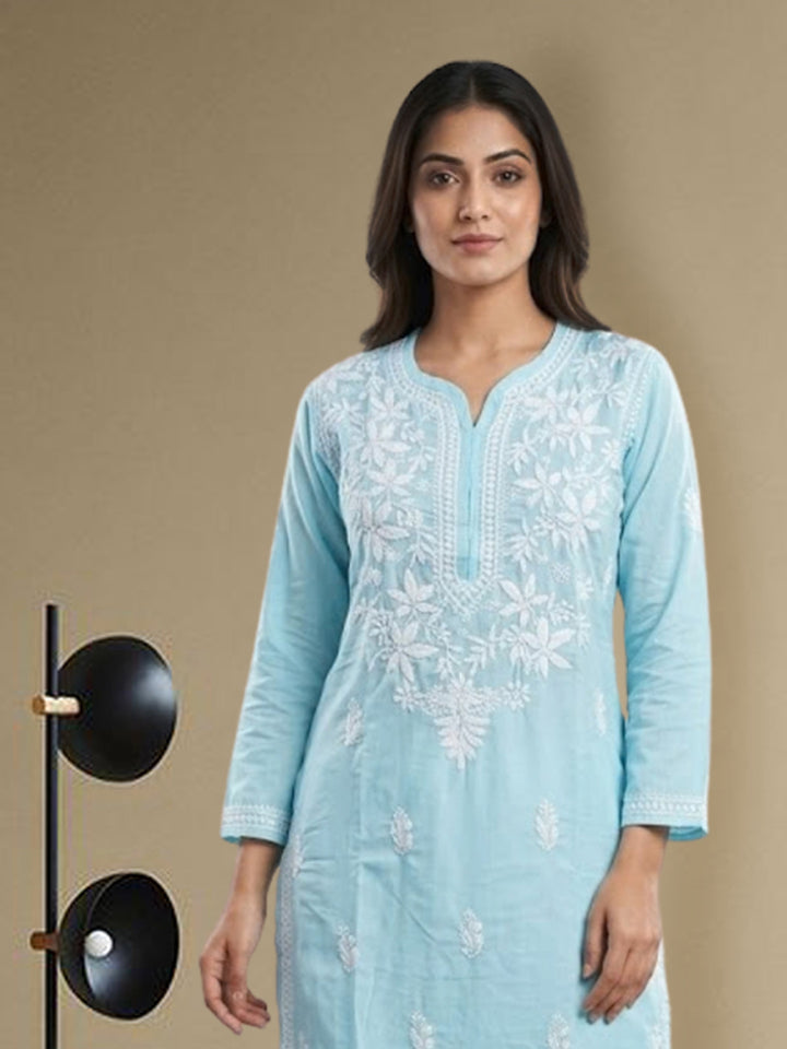 Hand Embroidered Chikankari Cotton Straight Kurta- PC3372 Skyblue