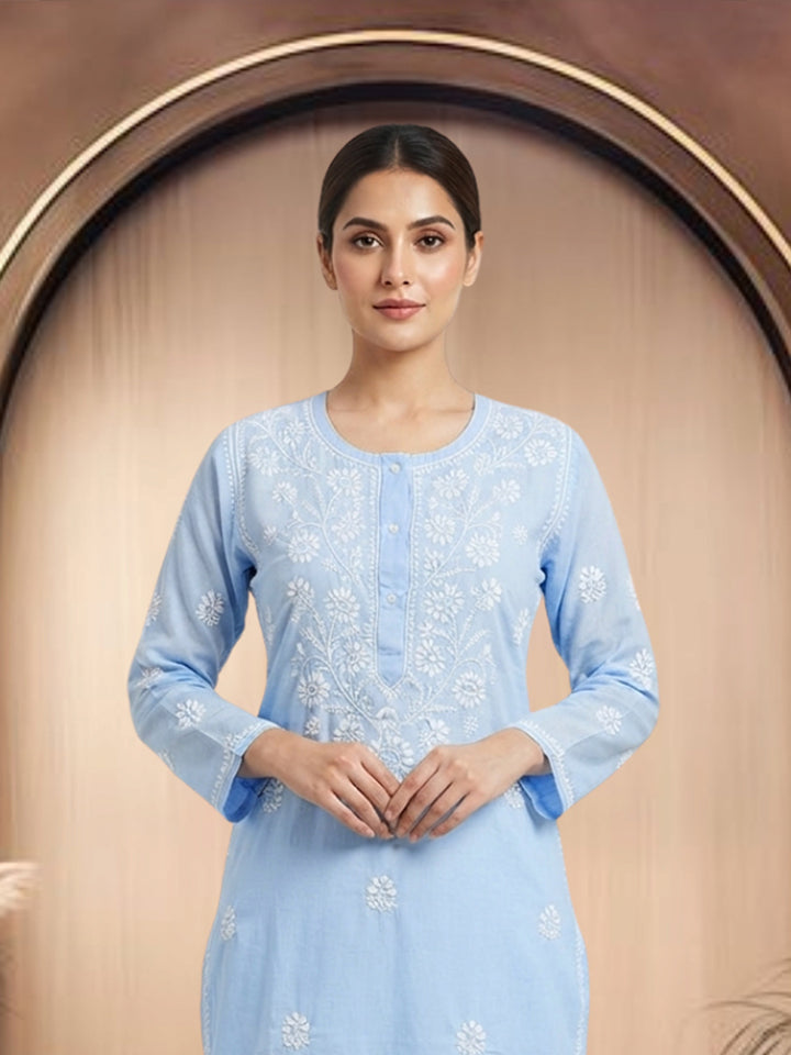 Hand Embroidered Chikankari Straight Floral Cotton Kurta-NTV115 Denimblue