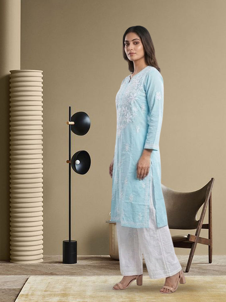 Hand Embroidered Chikankari Cotton Straight Kurta- PC3372 Skyblue