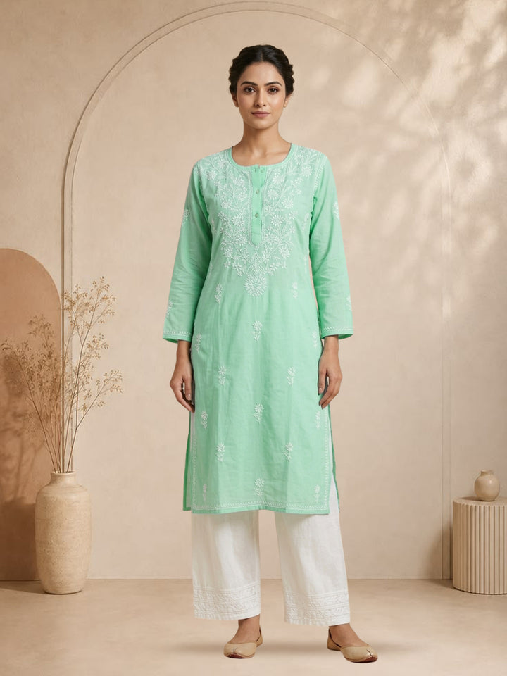 Hand Embroidered Chikankari Straight Floral  Cotton Kurta -NTV115 Lightseagreen