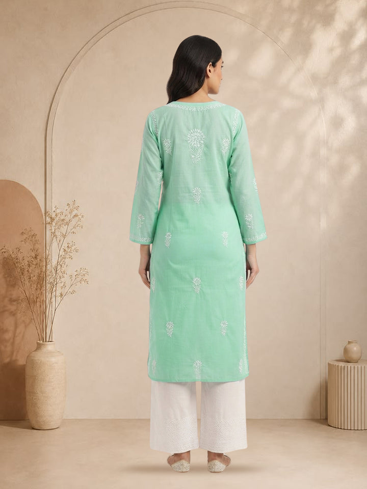Hand Embroidered Chikankari Straight Floral  Cotton Kurta -NTV115 Lightseagreen