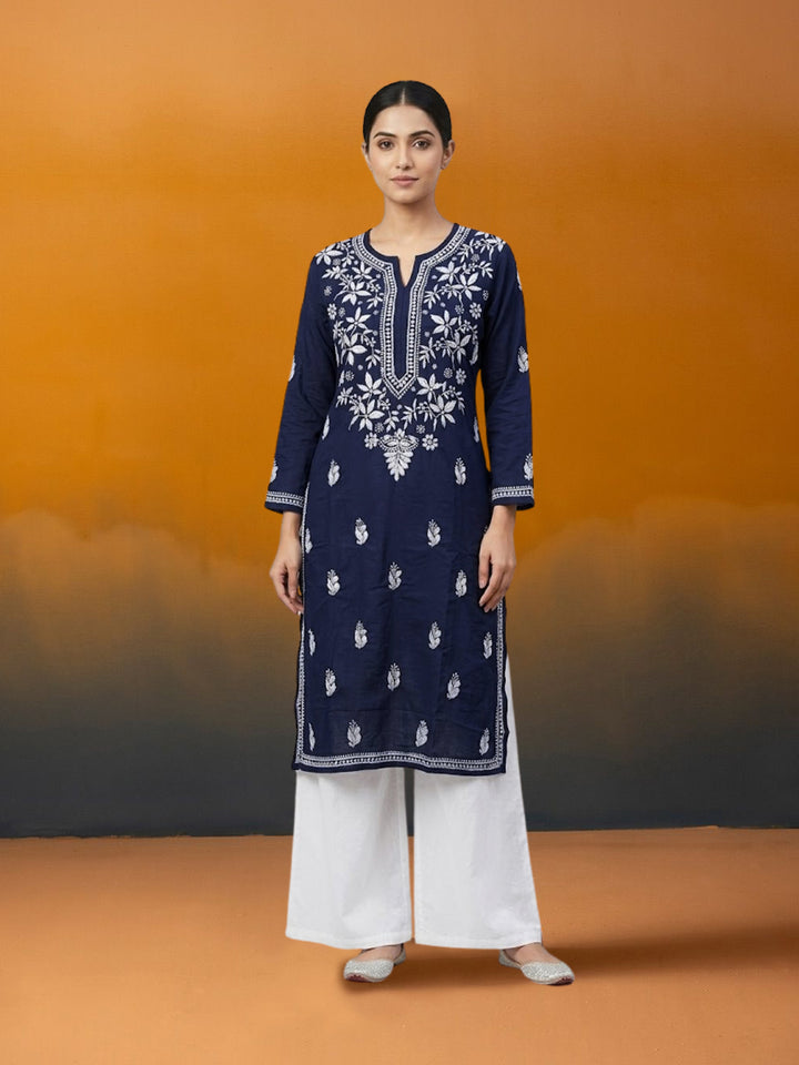 Hand Embroidered Chikankari Cotton Straight Kurta- PC3372 Navy