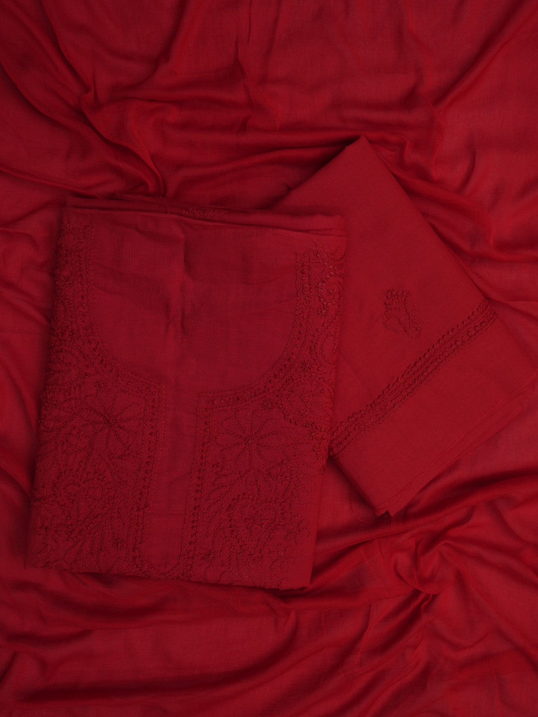 Women Hand Embroidered Cotton Chikankari Dress MaterialPCSCU00103FS-CHERRYRED
