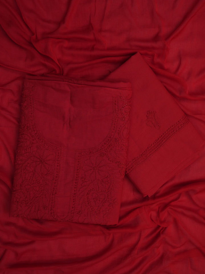 Women Hand Embroidered Cotton Chikankari Dress MaterialPCSCU00103FS-CHERRYRED