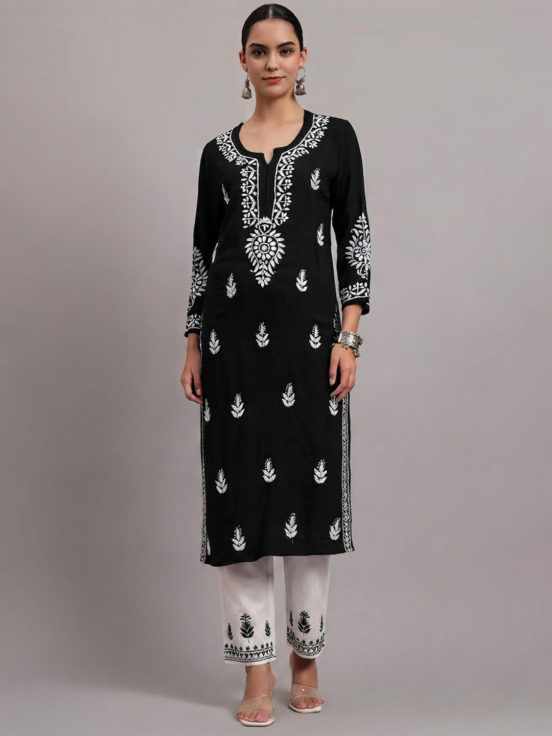 Women Hand Embroidered Chikankari Rayon Kurta PC4076 Black