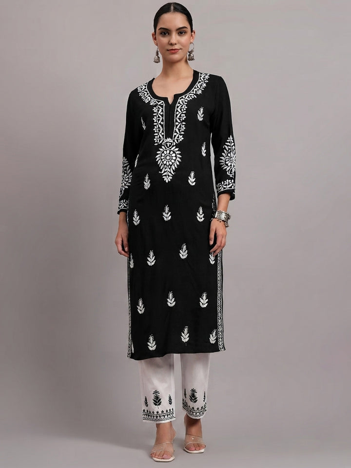 Women Hand Embroidered Chikankari Rayon Kurta PC4076 Black