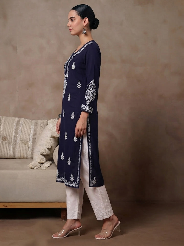 Women Hand Embroidered Chikankari Rayon Kurta PC4076 Navy