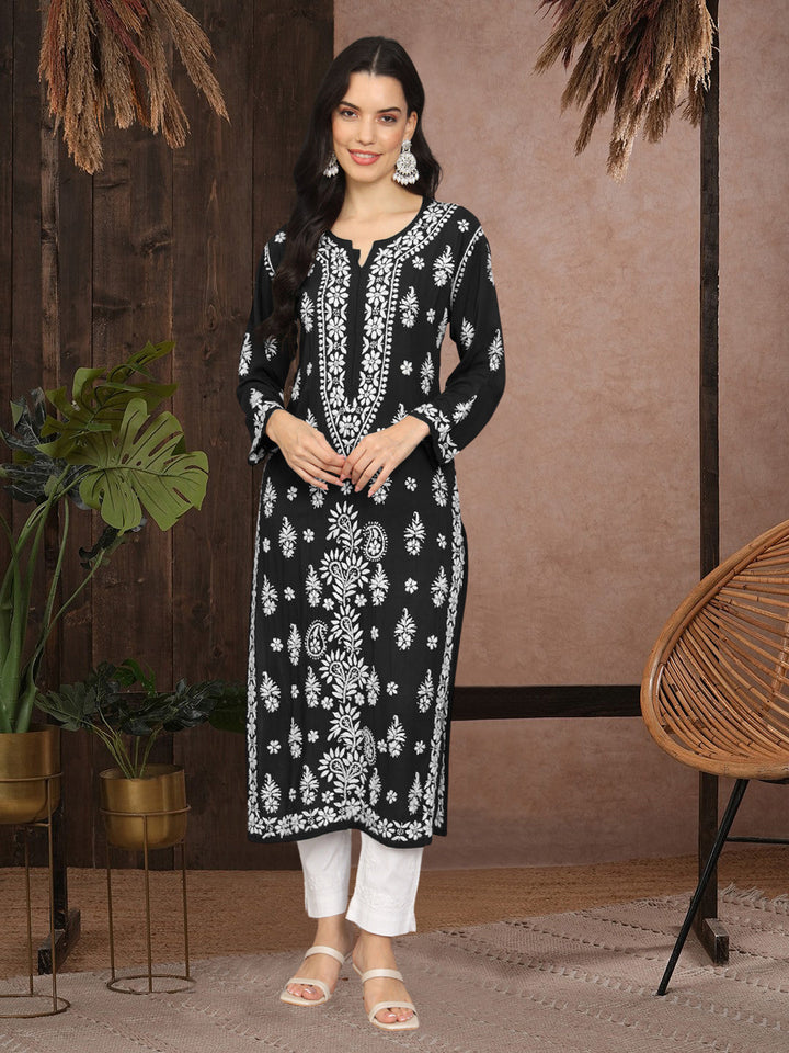 Hand Embroidered Chikankari Modal Straight Kurta- PC4042 Black