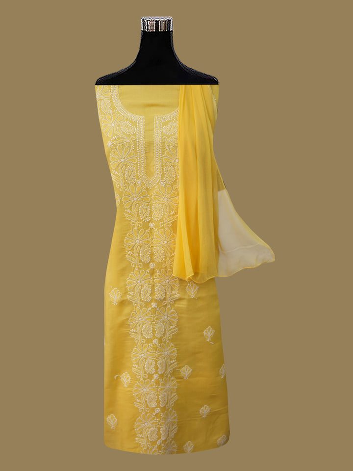 Women Hand Embroidered Chikankari Cotton Dressmaterial PCSCU00104FS-DARKYELLOW