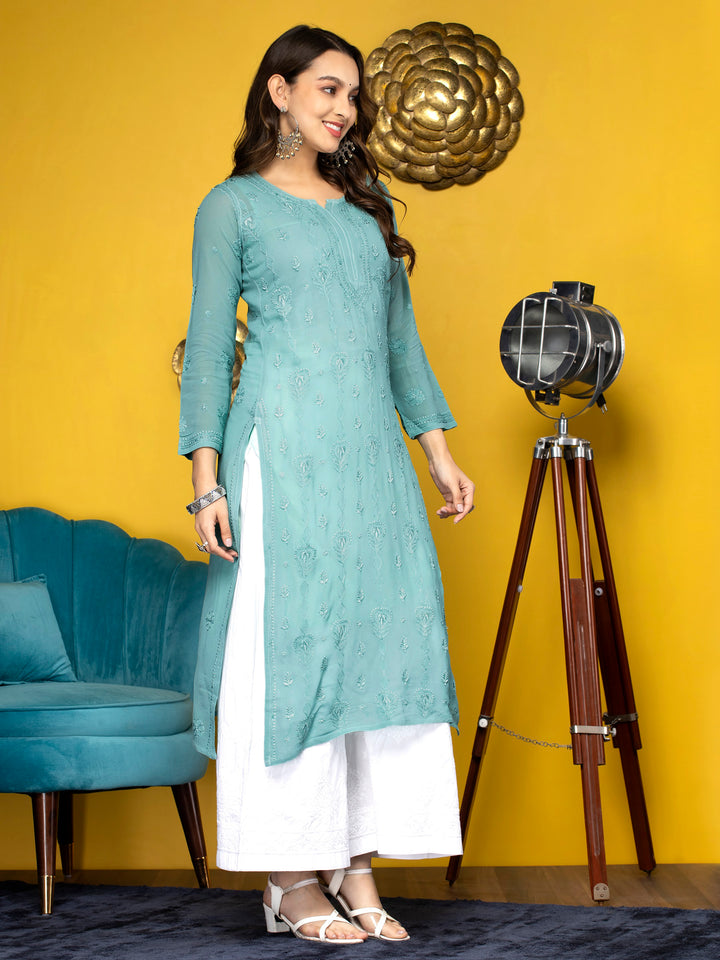 Hand Embroidered Chikankari Viscose Georgette Straight  Kurta- PC3640