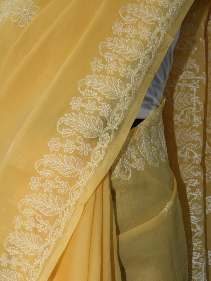 Hand Embroidered Chikankari Cotton Saree PCSAR02 Mustard