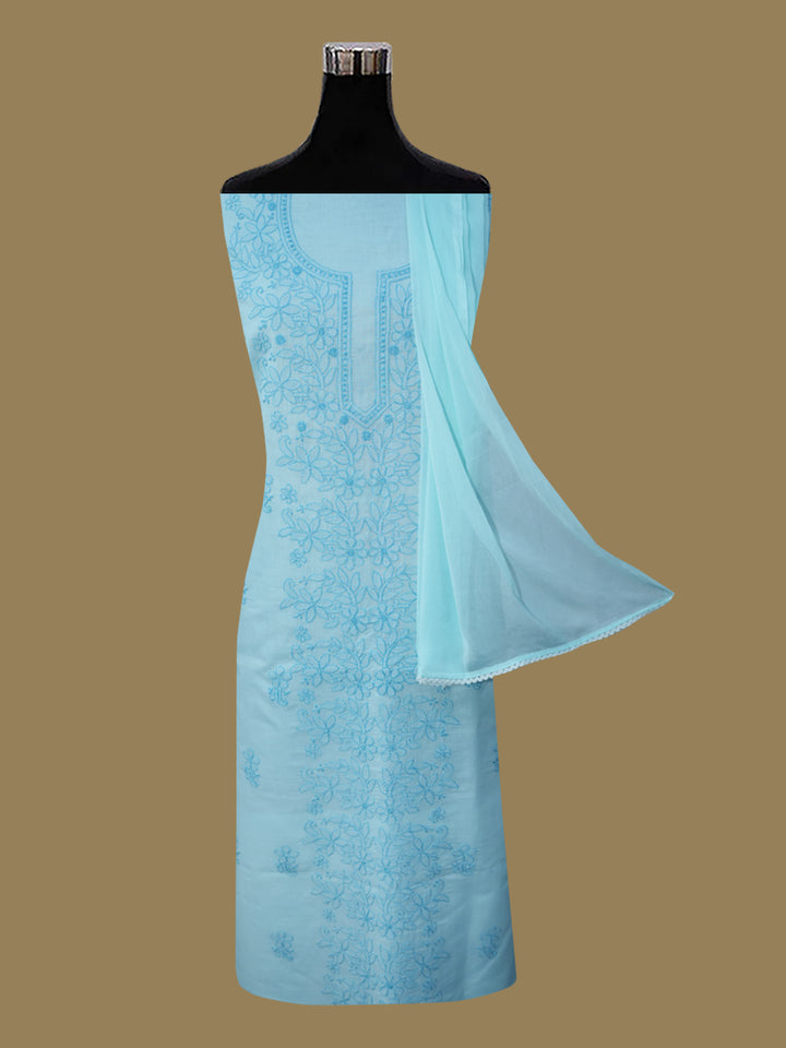 Women Hand Embroidered Cotton Chikankari Dress MaterialPCSCU00406FS-OCEANBLUE
