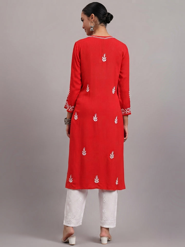 Women Hand Embroidered Chikankari Rayon Kurta PC4076 Red