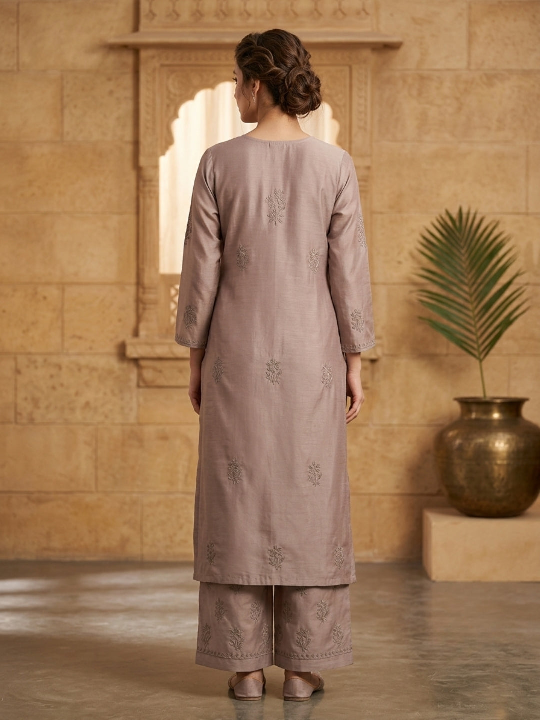 Women Hand Embroidered Chikankari Chanderi Kurta Set PC4119KS