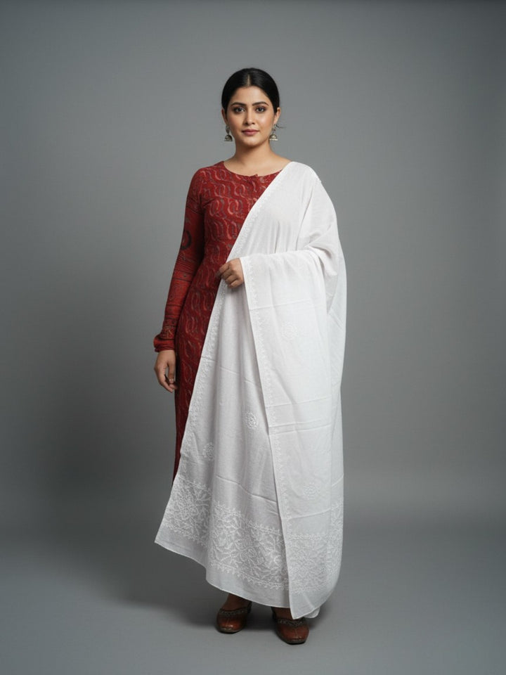 Women Hand Embroidered Cotton Chikankari Dupatta -PC4092